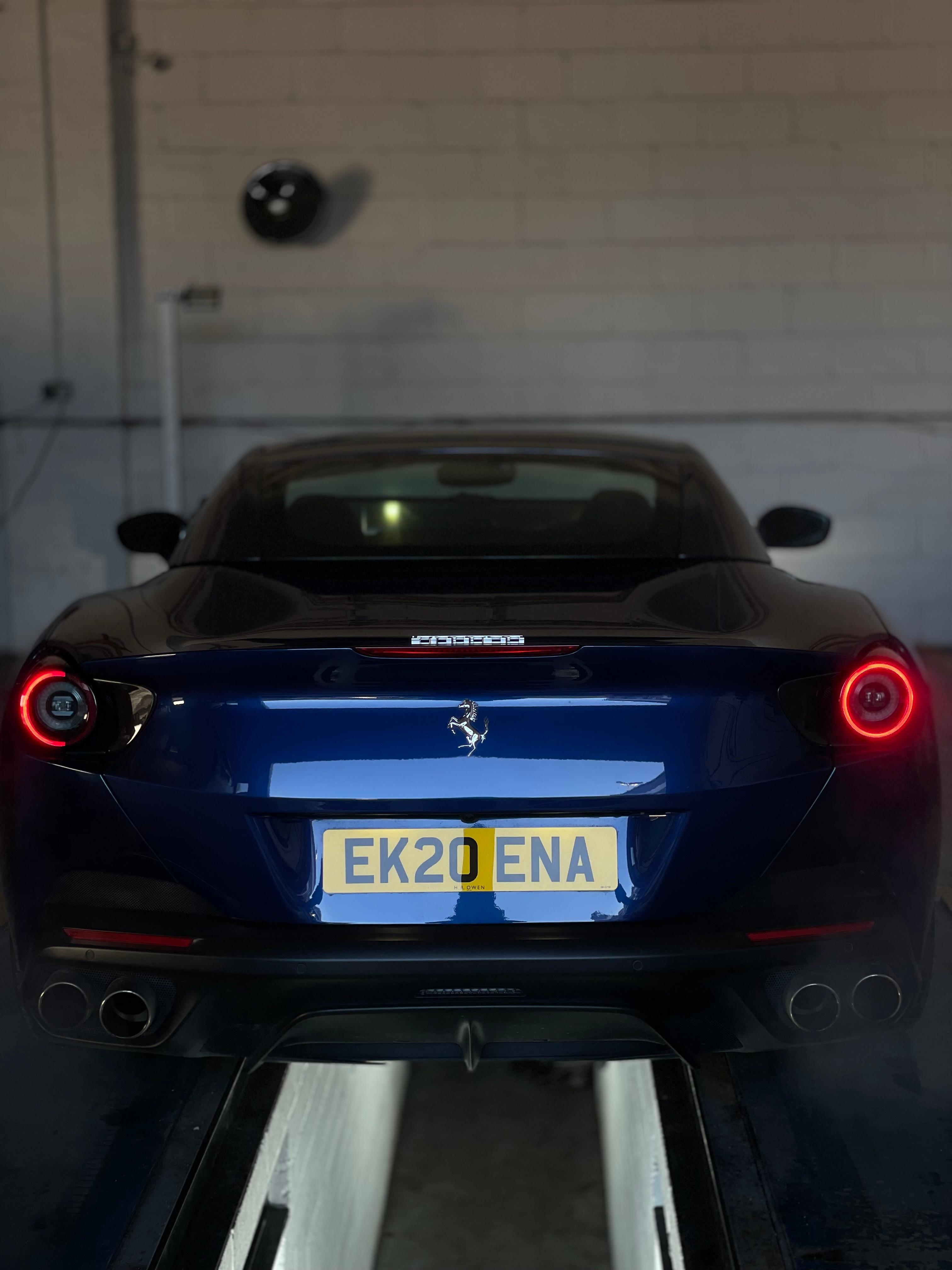 Blue Ferrari Portofino on the MOT bay at Ignite Autos